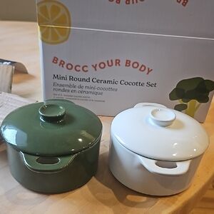 Mini Round Ceramic Cocotte Set - Green and White